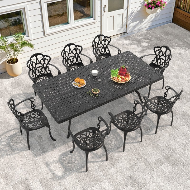 7/9-Piece Cast Aluminum Outdoor Dining Set with 82.68'' L X 41.34'' W Rectangular Table and Seat Cushions