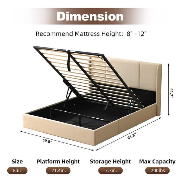 dimension image slide 16 of 17, Modern Minimalist Upholstered Storage Bed with Lift-Up Platform