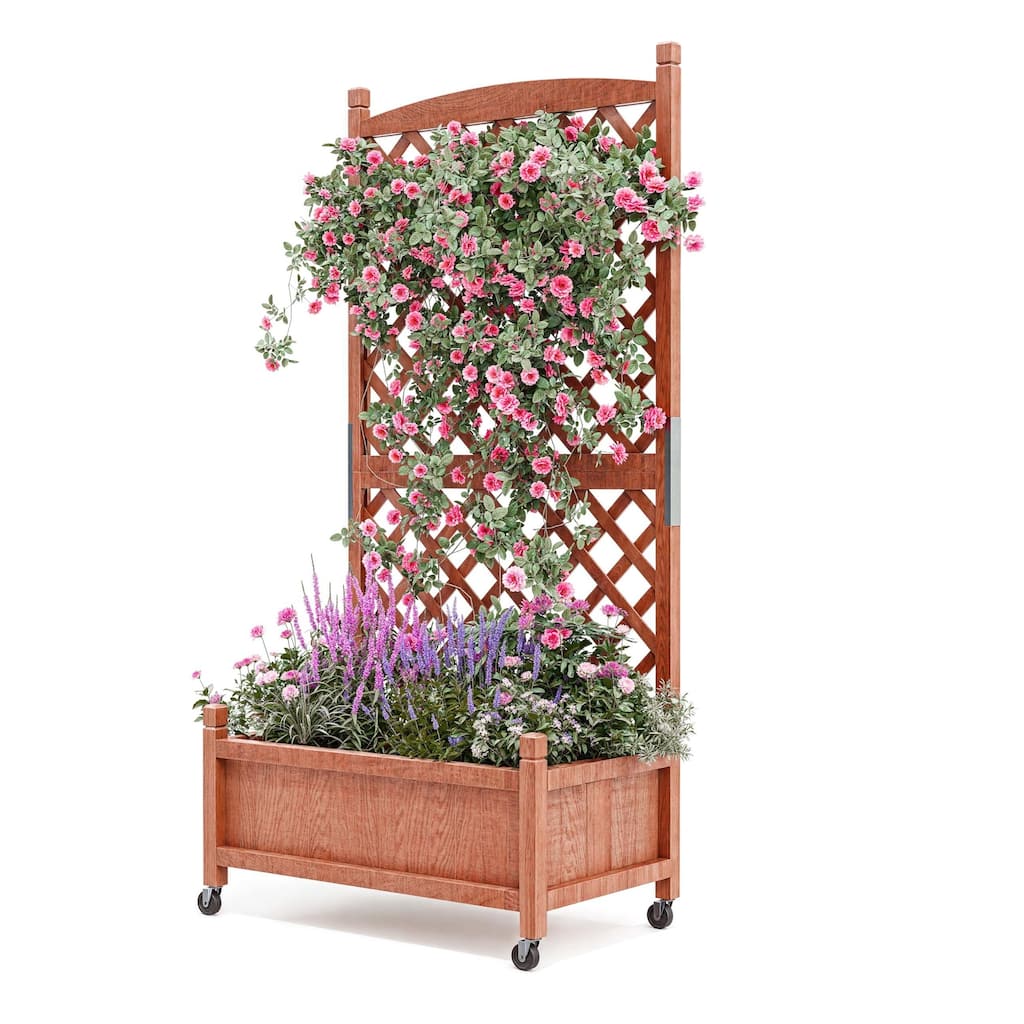 Wood Raised Garden Bed with Adjustable Trellis & Wheels