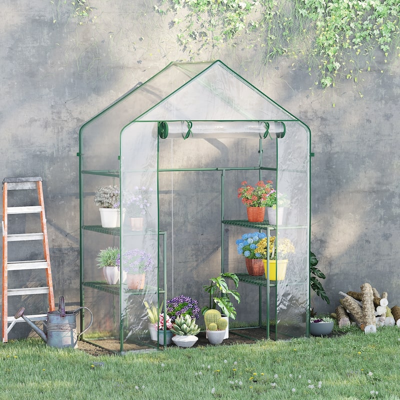Mini Greenhouse, Walk-in Greenhouse with 4 Shelves, Door - Plastic/Steel - Portable