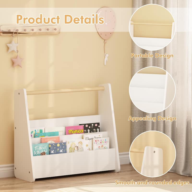 Kids Bookshelf with Wooden Handle, 2-Tier Front-Facing Toddler Bookcase, Portable Children's Book Storage Organizer for Bedroom