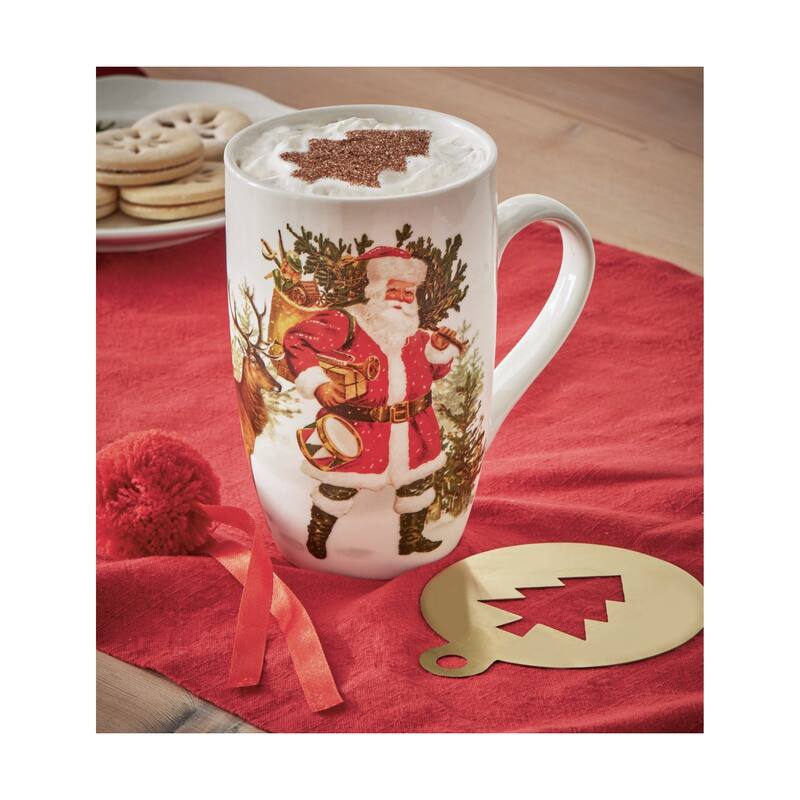 Vintage Santa and Deer Mug & Stencil Set - 18oz Bone China Drinkware for Christmas - Dishwasher Safe - White Multi