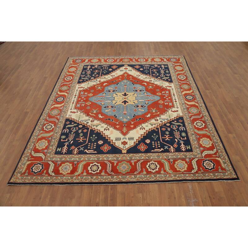 Hand Knotted Oriental 100% Wool Carpet Traditional Medallion Oranges & Rust Heriz (serapi) Area Rug - 9' 10'' X 8' 0''