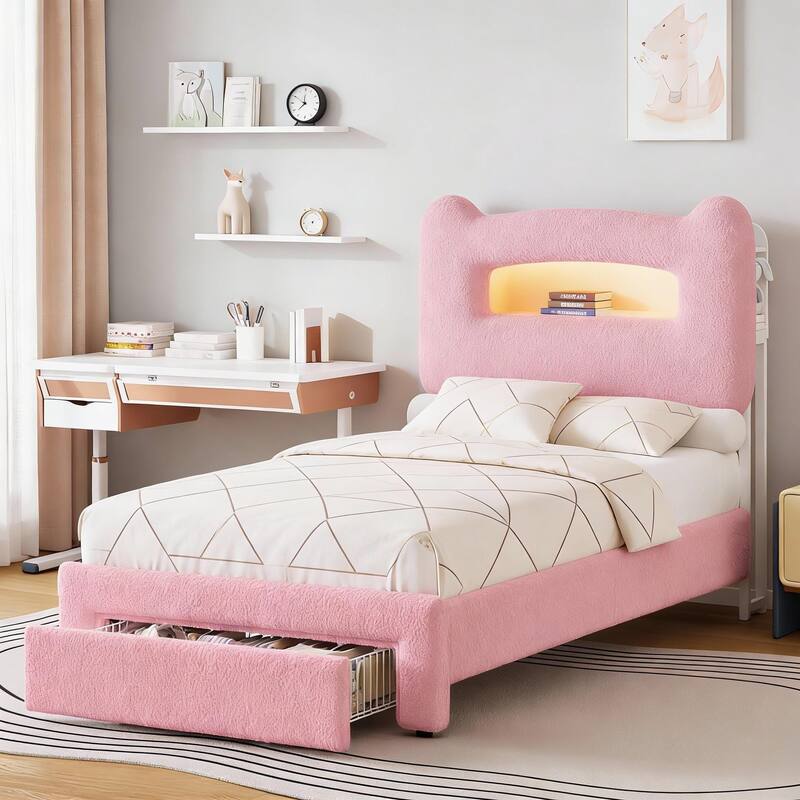 Led Bed Frames, with Storage Headboard and Charging Station - Pink - Twin