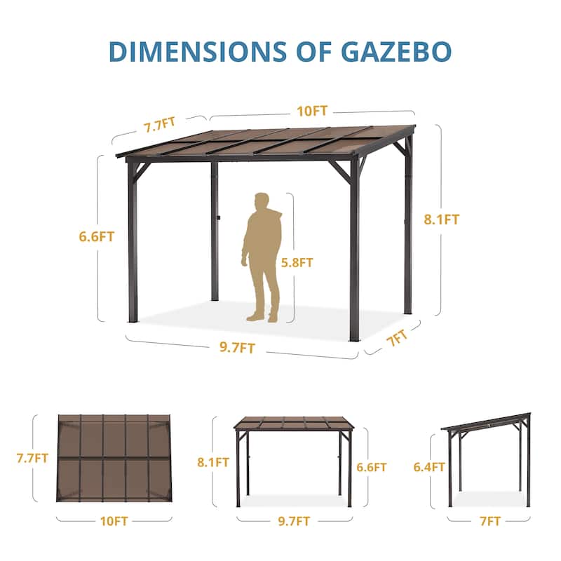 Outdoor Rectangle Wall Mounted Gazebo with Metal Frame Lean to Pergola Sunroom with Sloping Soft-Roof