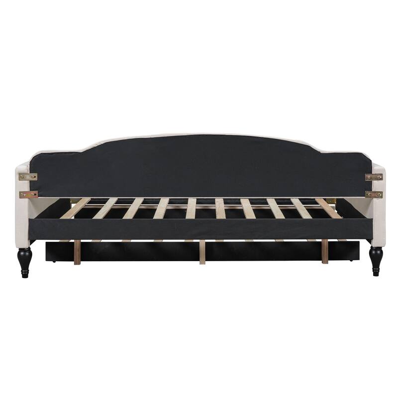 Roomfitters Full Upholstered Tufted Daybed with Pull-Out Twin Trundle for Compact Guest Setup, Beige