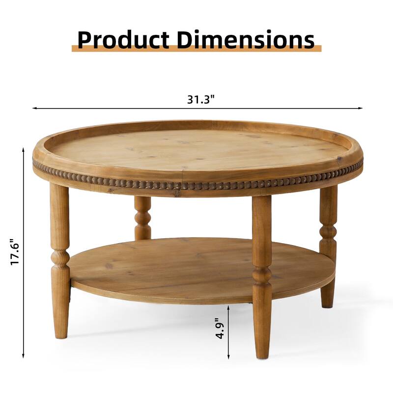 31.3" Round 2-Tier Coffee Table, Boho Rustic Accent Table with Storage Shelf, Center Table with Wood Legs & Beaded Detail