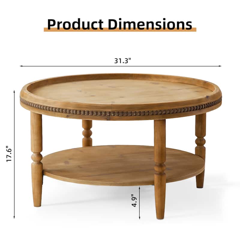 31.3" Round Boho Coffee Table with Storage Shelf - 2-Tier Accent Table with Beaded Trim & Curved Solid Wood Legs