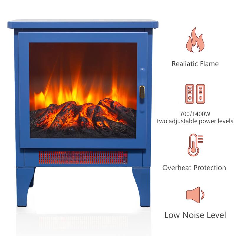 17 Inch Freestanding Electric Fireplace Stove with 3D Flame Effect in Classic Blue