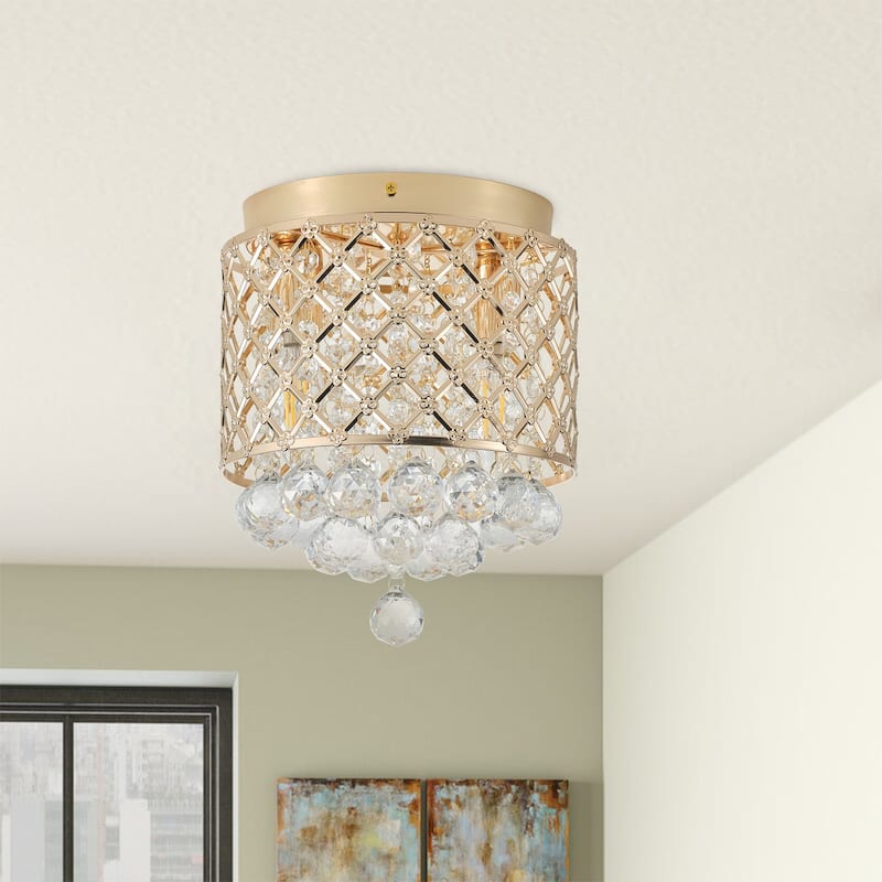 Modern Frech Gold 2-Light Clear Crystal Raindrop Flush Mount Ceiling Light