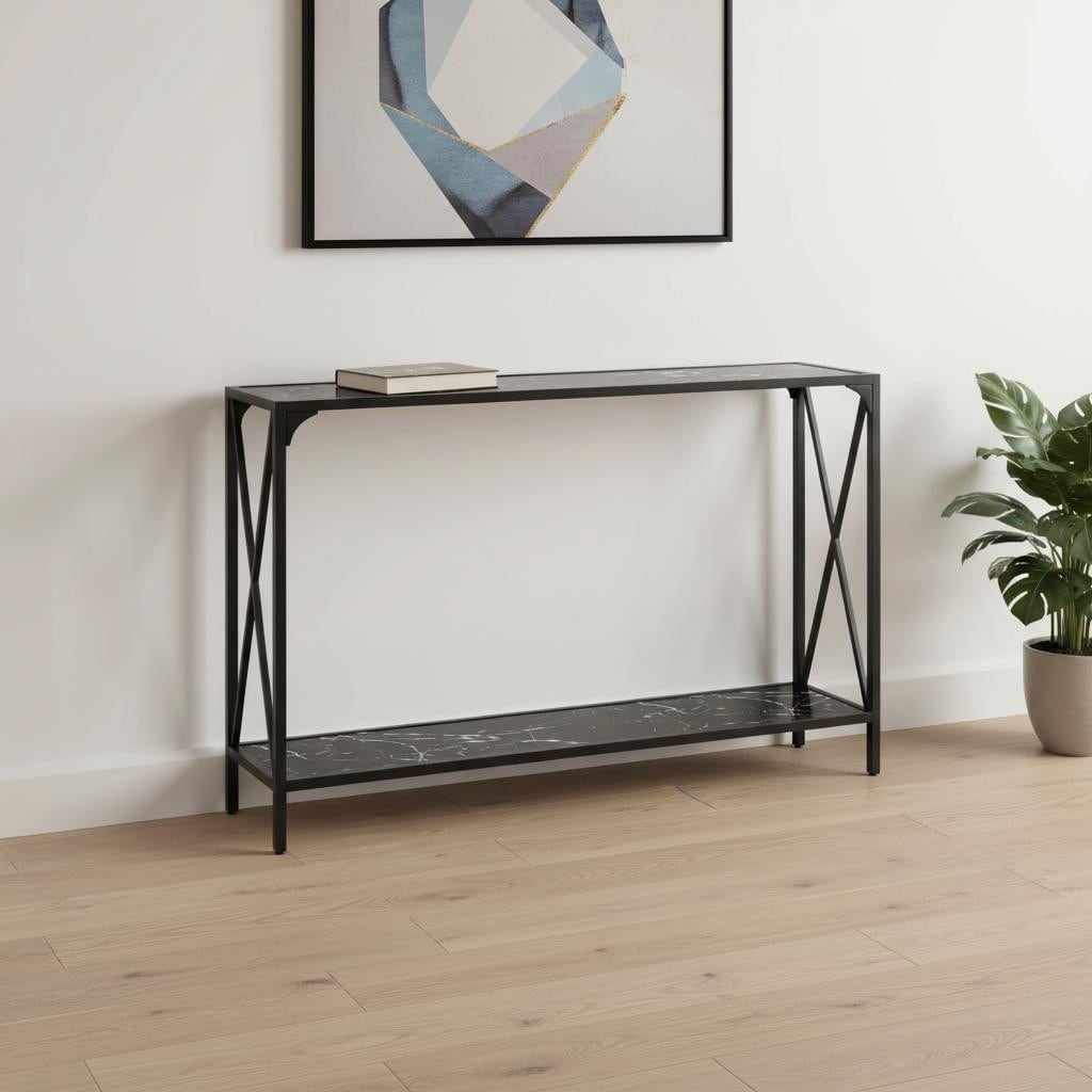 HomeRoots 48" Black Wood and Metal Faux Marble Console Table With Shelf - 48.00 in. x 32.00 in. x 12.00 in.