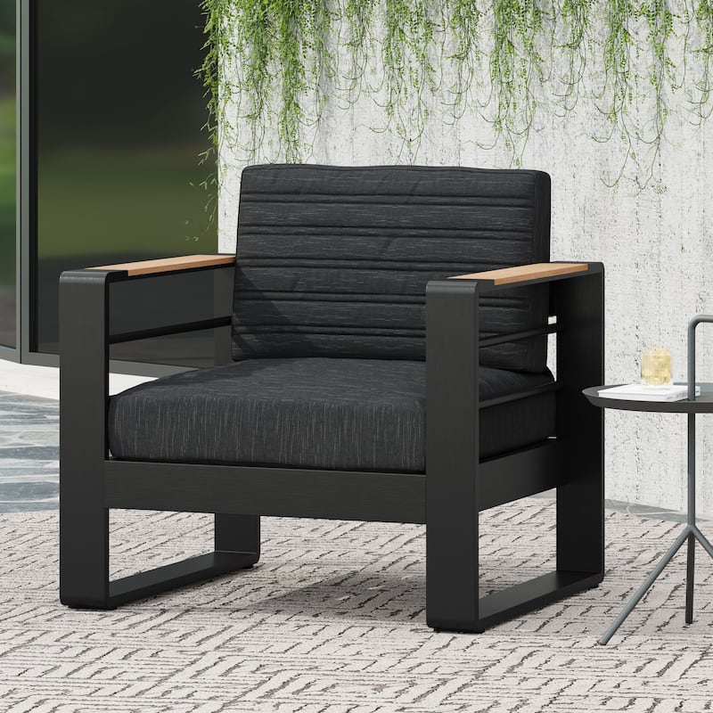 Roomfitters Modern Outdoor Club Chairs with Wood Arm Accents, Deep Cushioned Lounge