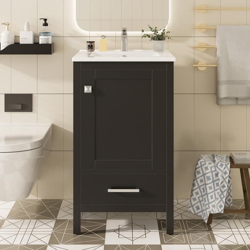 20" Bathroom Vanity with Ceramic Sink, Soft-Close Drawer & Door, Double-Layer Door Organizer