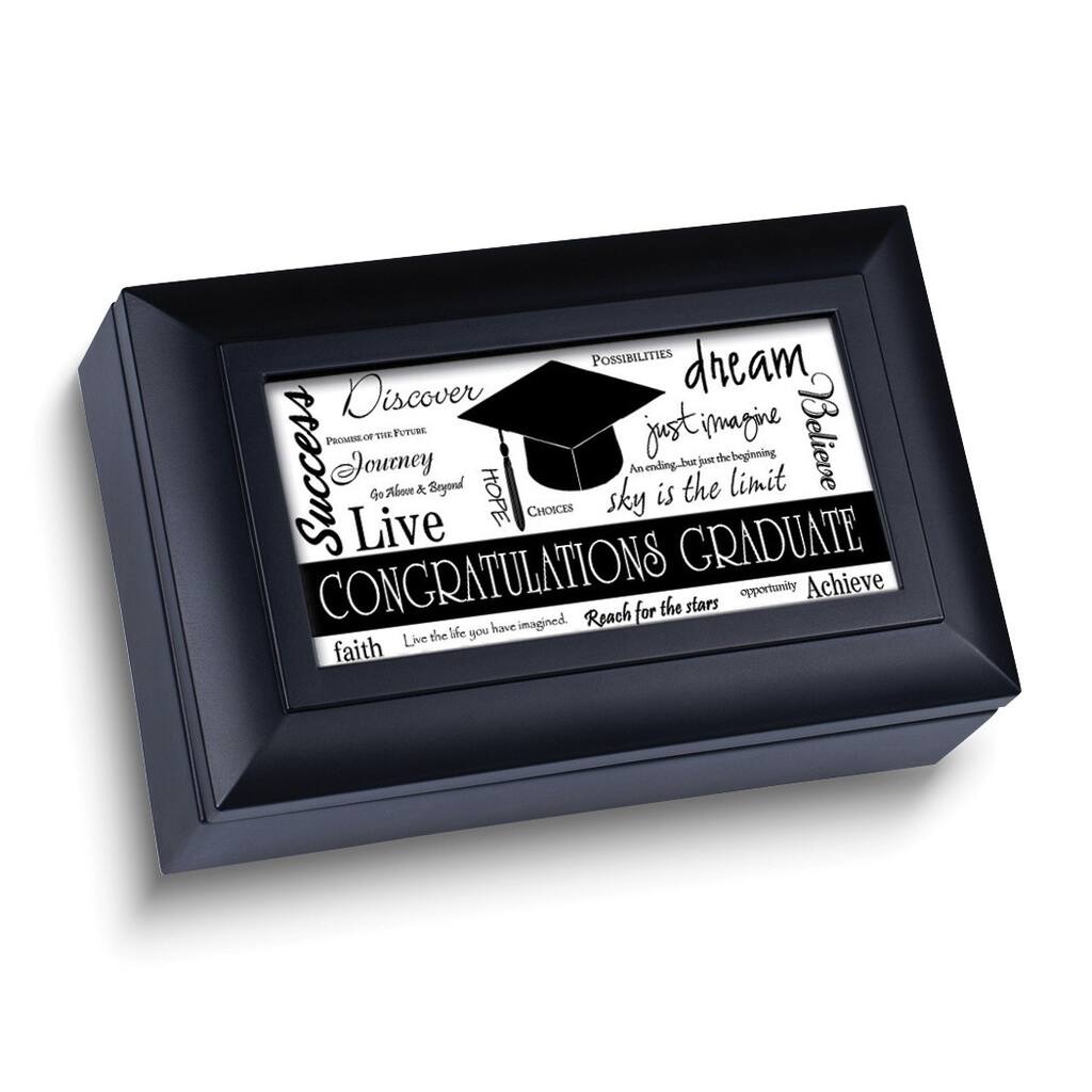Curata Graduation Sentiment Black Finish Resin Black Cap Music Box