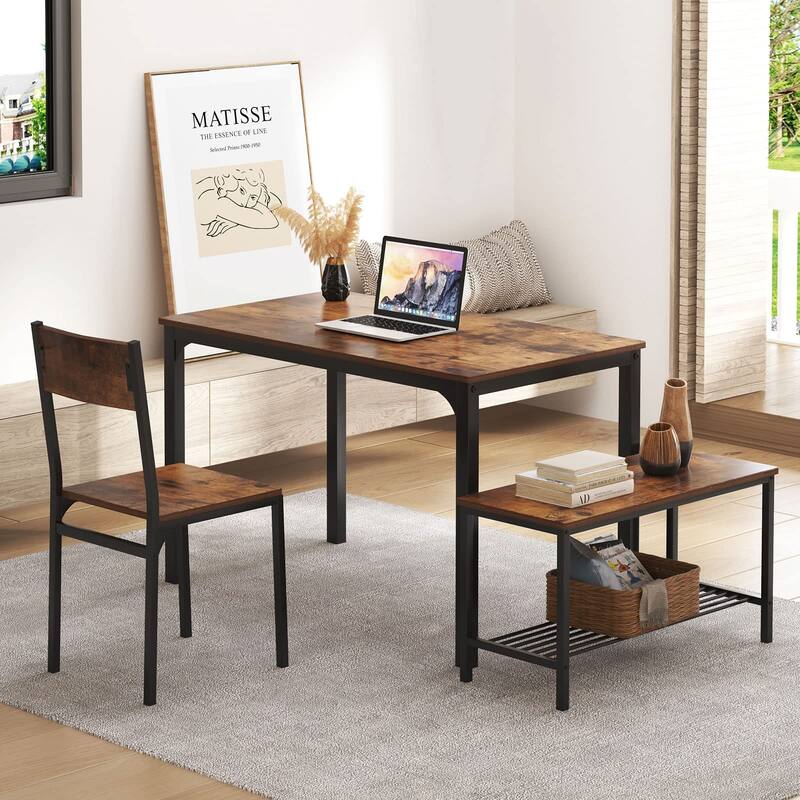 4 Person Dining Table Set, Kitchen Table Set for 4, Dining Room 2 Chairs with Backrest, 2-Person Bench with Storage Rack