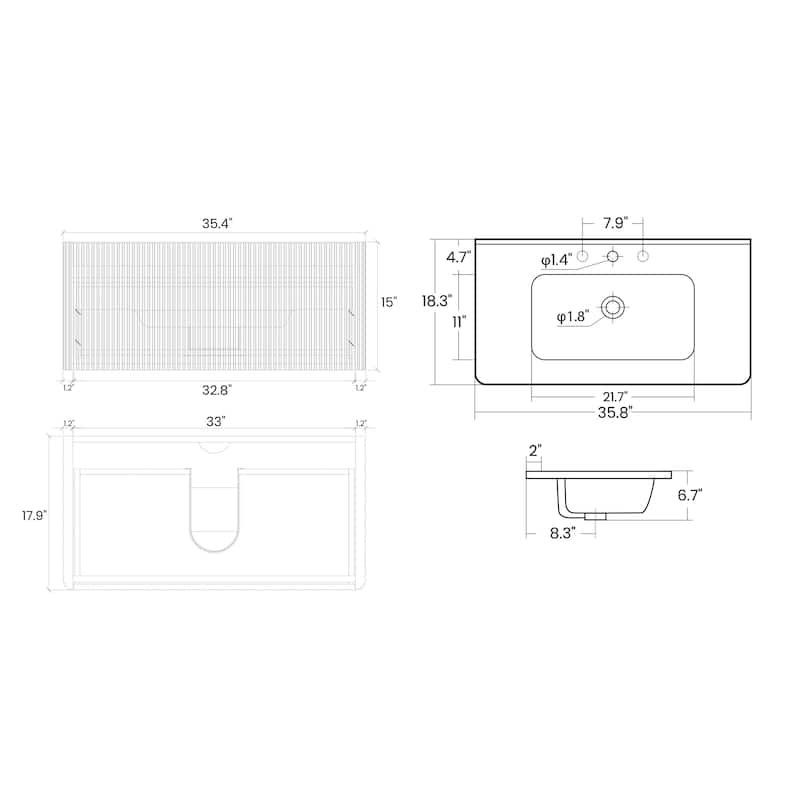 36" Striped Wall-Mounted Bathroom Vanity with Ceramic Sink, Modern Floating Vanity for Bathroom