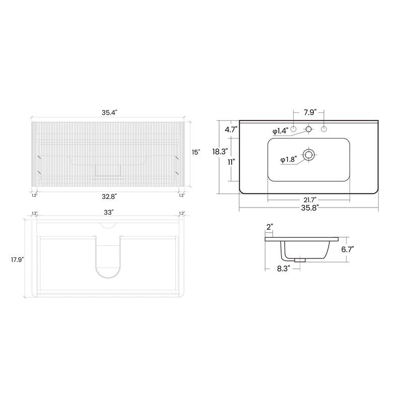GDFStudio - Etna Floating Bathroom Vanity with Integrated Ceramic Sink, Modern Handle-Free Wall-Mounted Design, Pre-Assembled