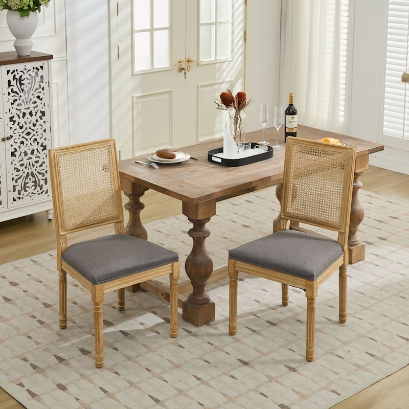 Square Rattan Backrest Dining Chairs, Solid Wood Frame Accent Chair - Gray