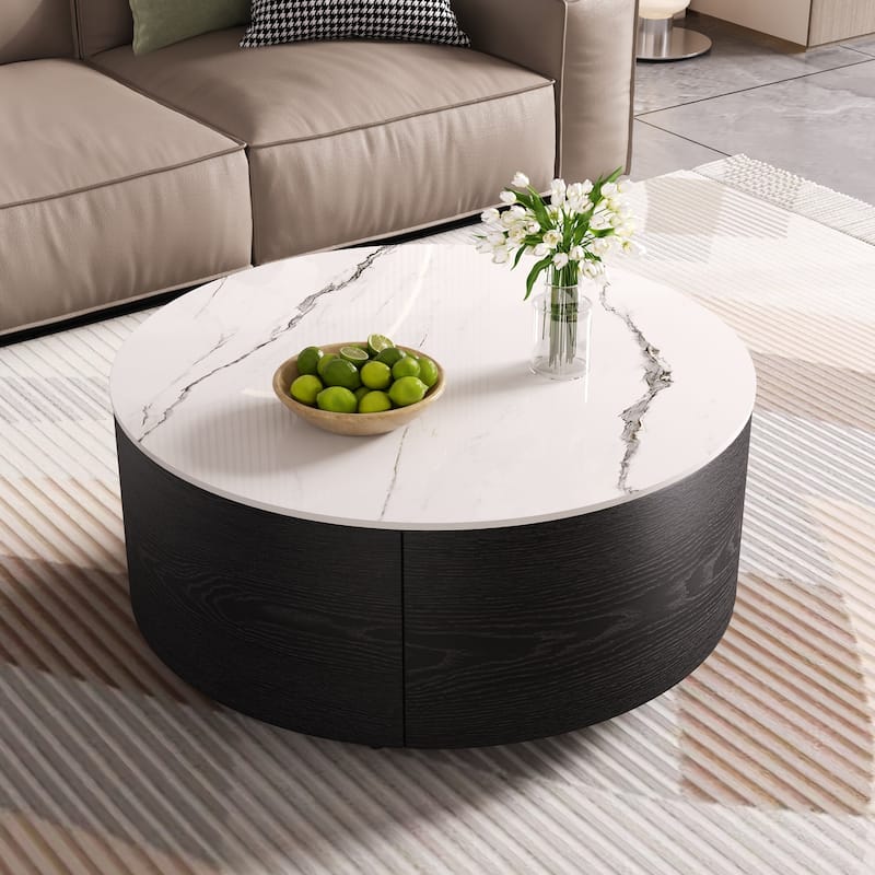 Modern Round Movable Coffee Table with Casters, 2 Drawers, Marble Pattern Sintered Stone Top, 29.5"