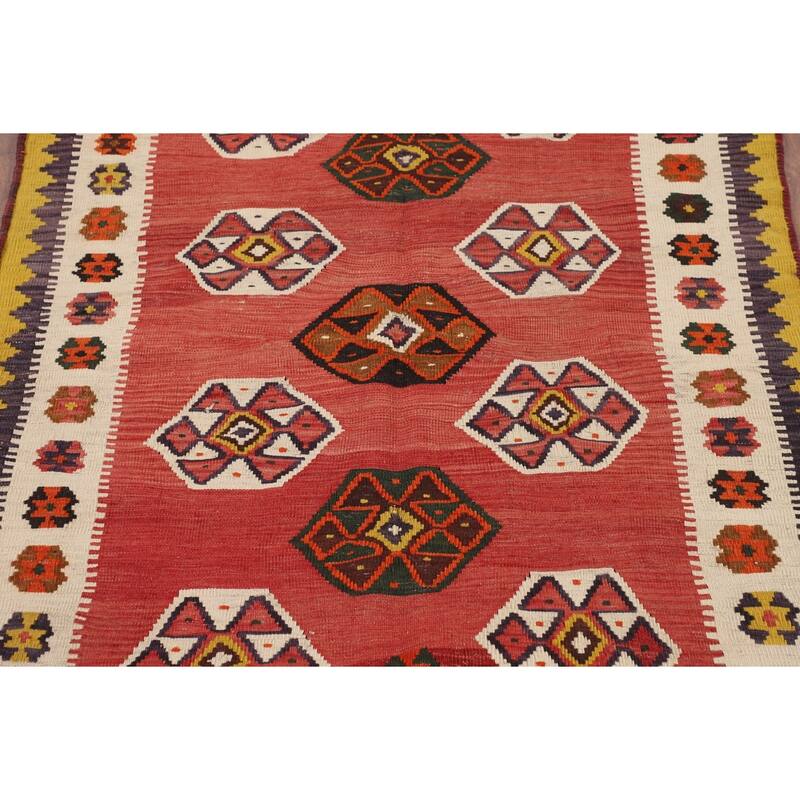 Kilim Qashqai Persian Vintage Rug Hand-Woven Geometric Red Wool Carpet - 4'1"x 6'8"