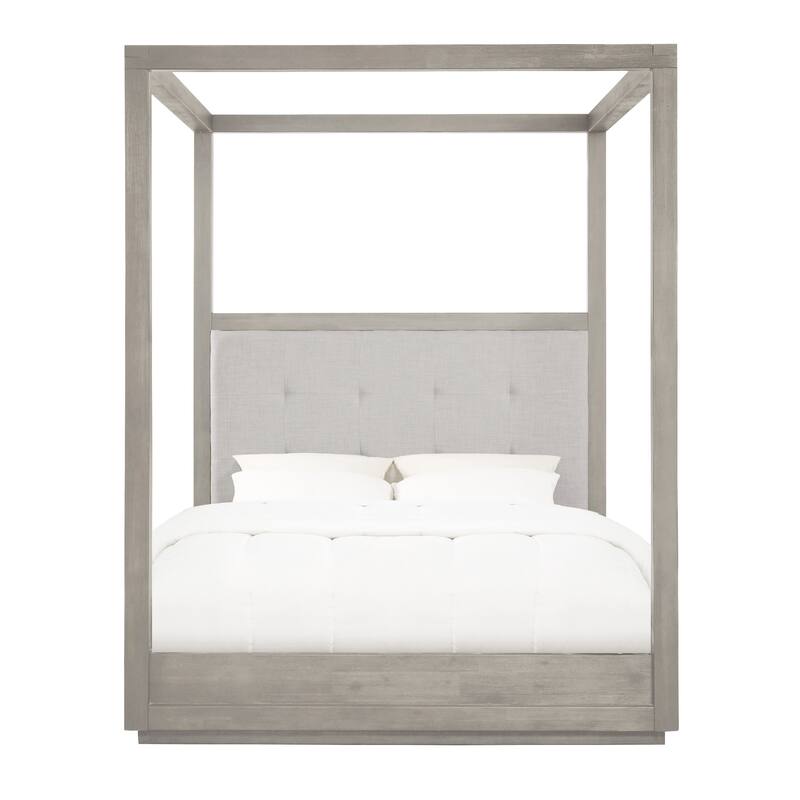 Kim Upholstered Acacia Wood Platform Canopy King Bed, Tufted, Heather Gray