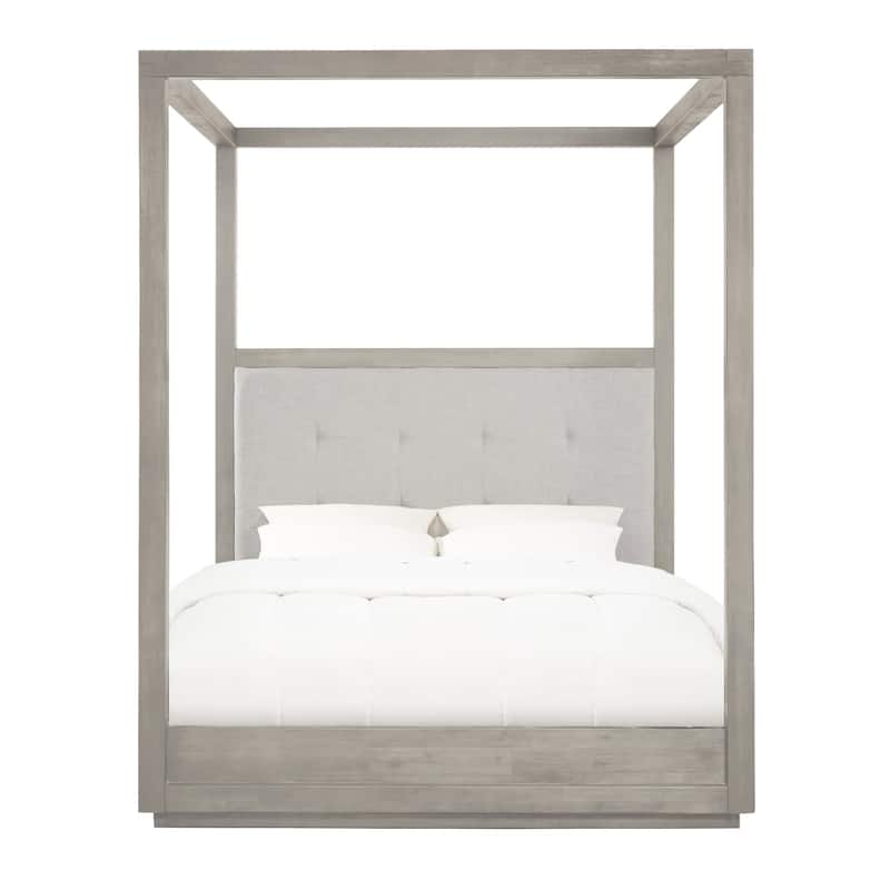 Kim Upholstered Solid Acacia Wood Platform Canopy Queen Bed, Heather Gray