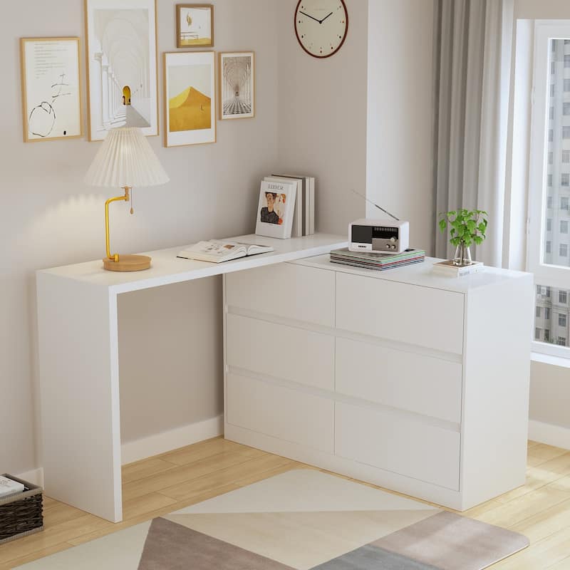32.7"H Rotating Dresser and Desk 6 Drawer Dresser Makeup Vanity White/Black