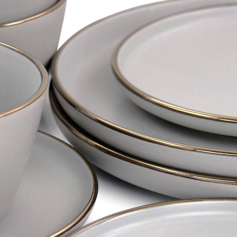 Elama Louis Stoneware Dinnerware Set in Matte Slate w/ Gold Rim - 16 Piece Set