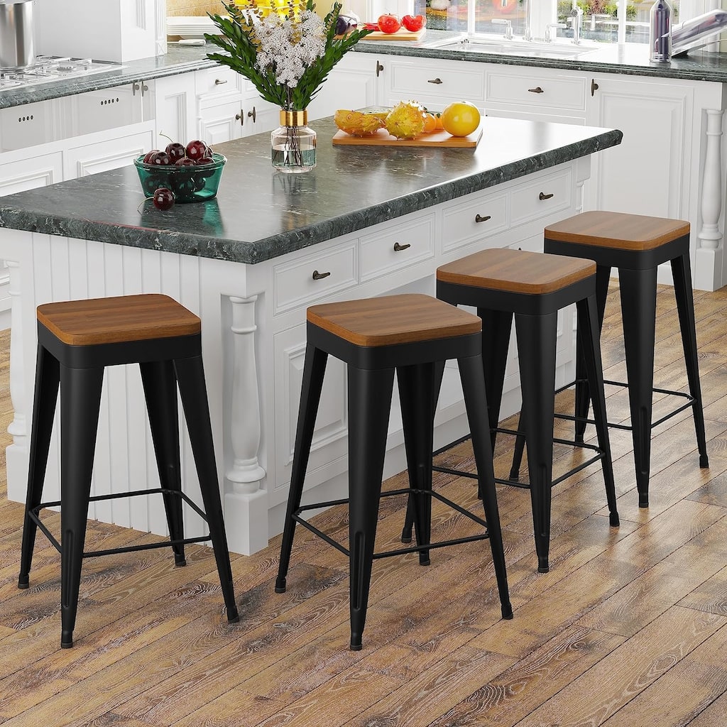 Counter Stools with Metal Frame Backless Counter Height Bar stools 24" Seat Height Kitchen Bar Furniture Stools with Wooden Seat