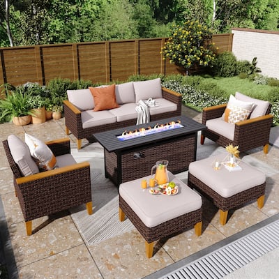 8-Piece Patio Outdoor Wicker Sectional Sofa Set, Large Seating Furniture Conversation Sets with Fire Pit Table
