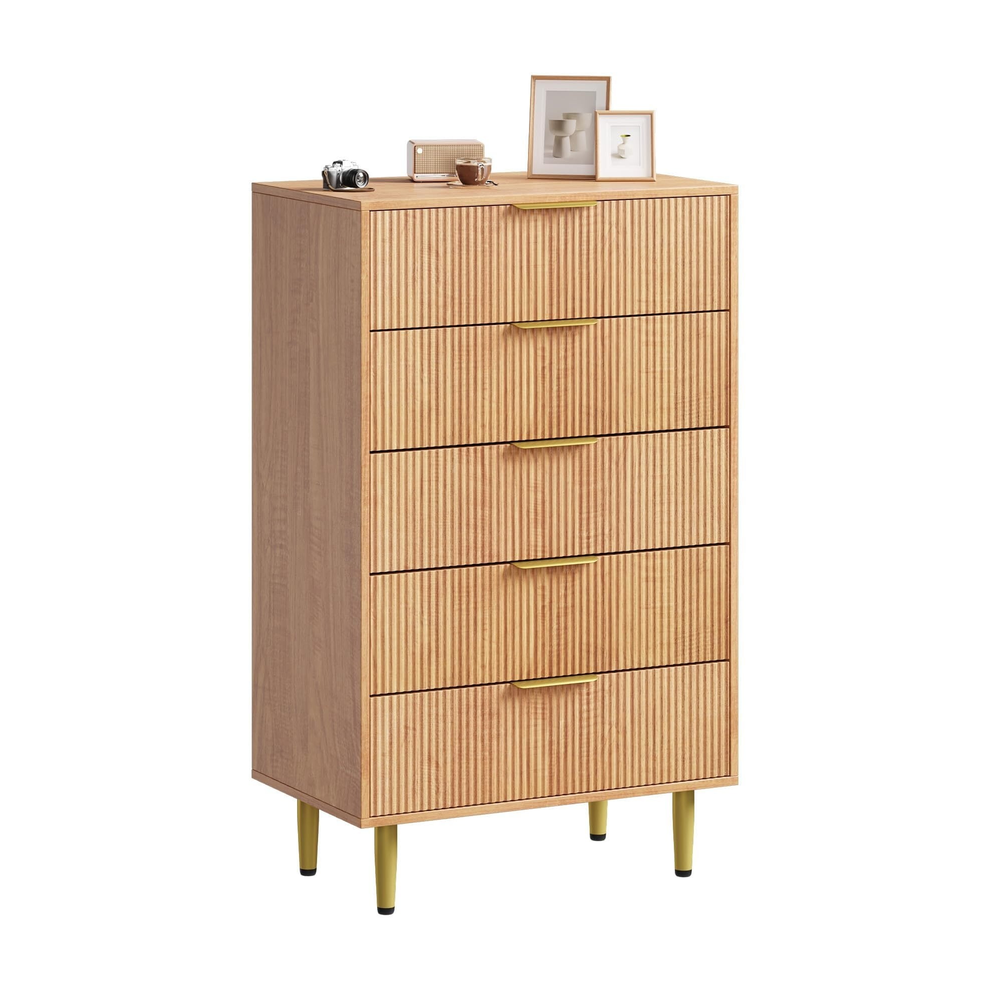 Fluted Dresser for Bedroom with 5 Drawers, Wooden Chest of Drawers with Metal Handle & Feet