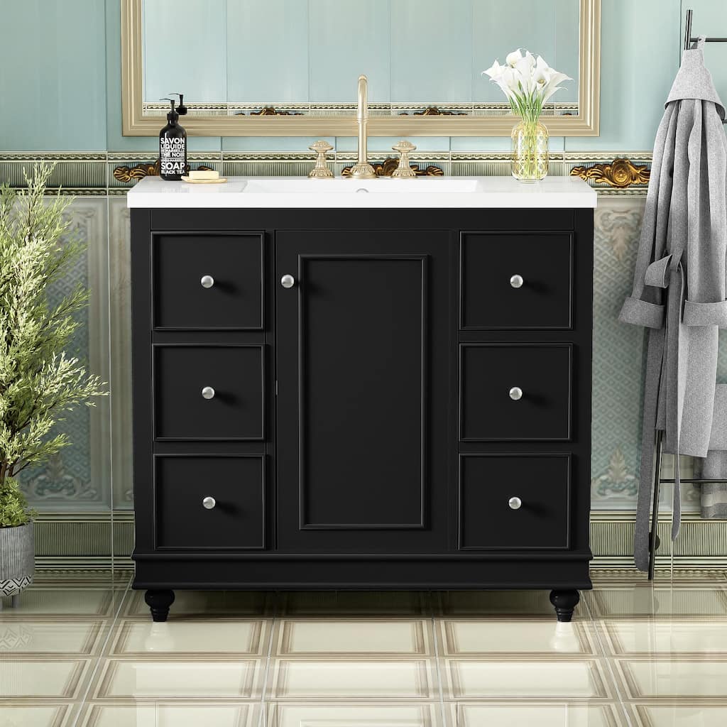 Black Multifunctional Storage Bathroom Vanity with Resin Integrated Sink, Removable Dividers, Adjustable U-shaped Shelf