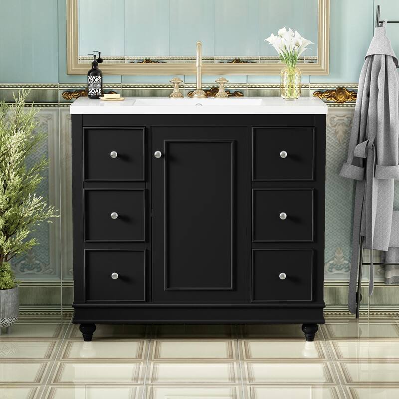 GDFStudio - Mario 36" Bathroom Vanity Cabinet with 4 Drawers and 1 Soft-Close Door