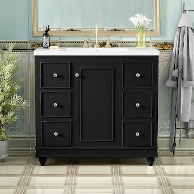 Roomfitters 36" Contemporary Bathroom Vanity with Resin Sink, 4 Drawers, 1 Door, Adjustable Shelf, Solid Wood Frame, Black