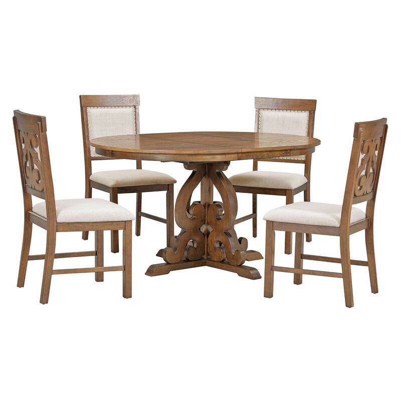 5-Piece Retro Dining Set, Extendable Table and 4 Upholstered Chairs