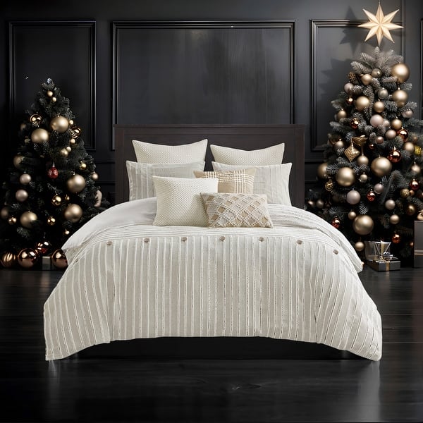 Madison Park Signature Essence Oversized Cotton Clipped Jacquard Comforter Set with Euro Shams and Throw Pillows - Ivory - Queen