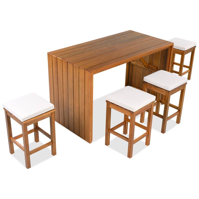 Roomfitters 5 Piece Outdoor Bar Set with High Top Dining Table and 4 Cushioned Backless Stools, Patio Furniture, Beige+Natural