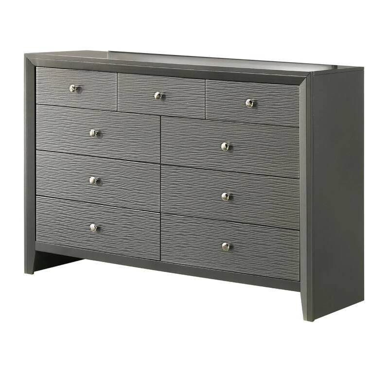 Deny 2pc Dresser and Mirror Set, 9 Drawers, Silver Knobs, Metallic Gray Wood