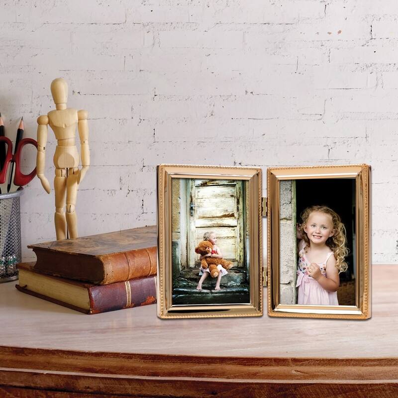 Curata Gold-Tone Portrait Hinged Polished Beaded 3x5 Double Photo Frame