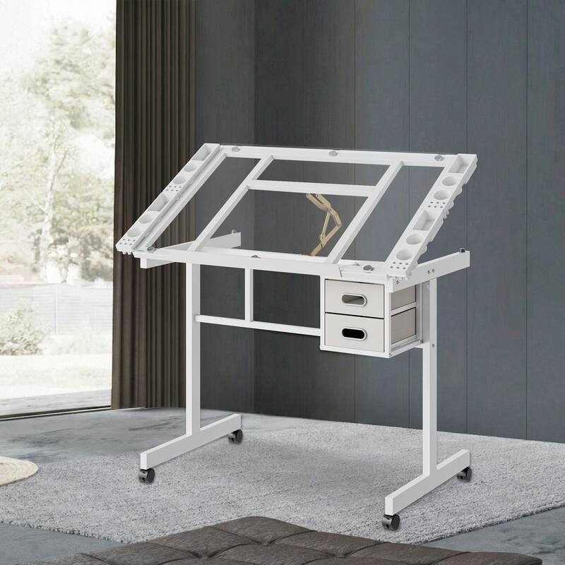 Adjustable Art Drawing Desk Craft Station Drafting with 2 fabric Drawers and 4 Wheels (white)