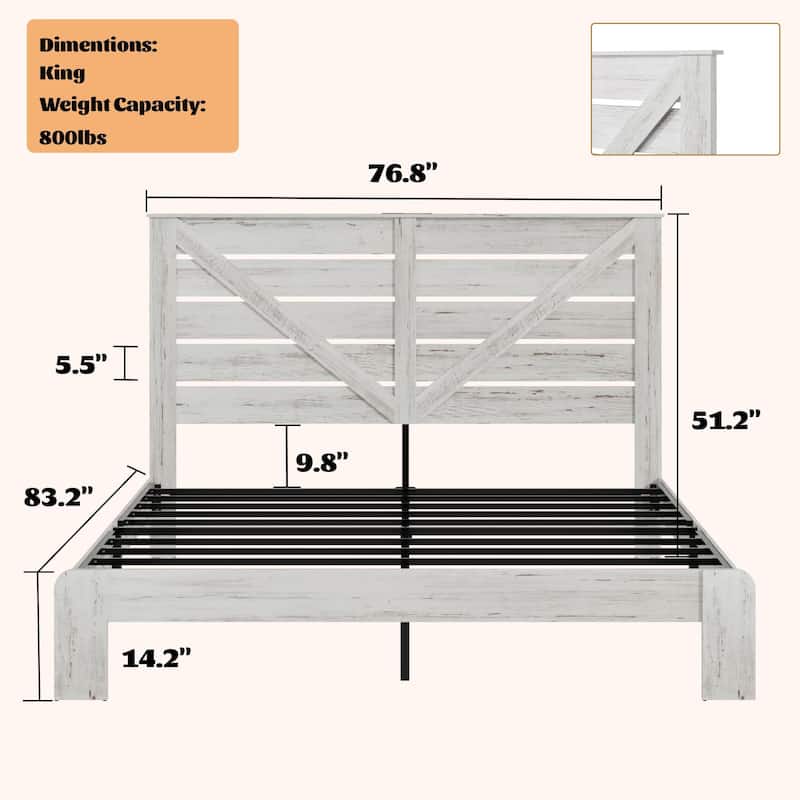 Wood Platform Bed with Rustic Headboard Black Metal Frame Support, Solid Wood Slats No Box Spring Needed Large Under-Bed Storage