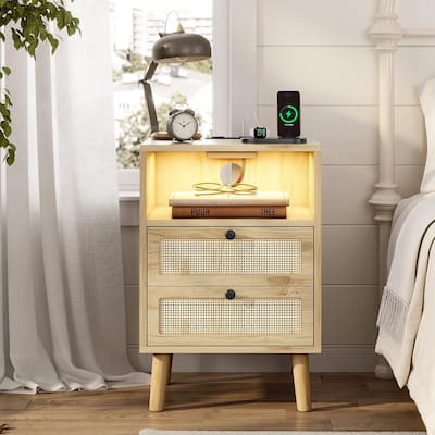Rattan Nightstand for Bedroom Charging Station USB Ports LED Lights