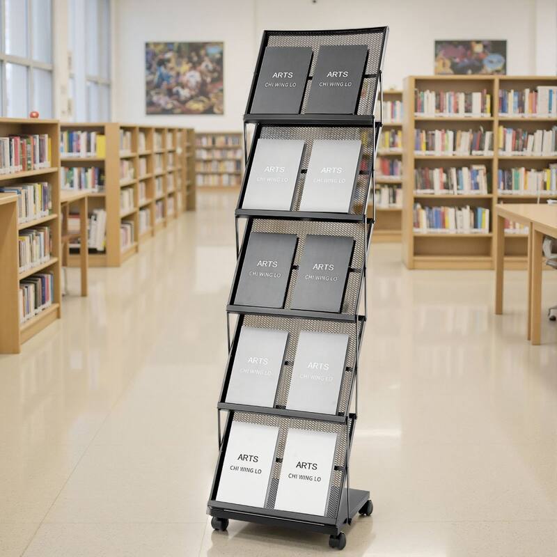 5-Tier Metal Magazine Display Rack with Wheels Mobile Literature Stand for Brochures, Catalogs & Magazines
