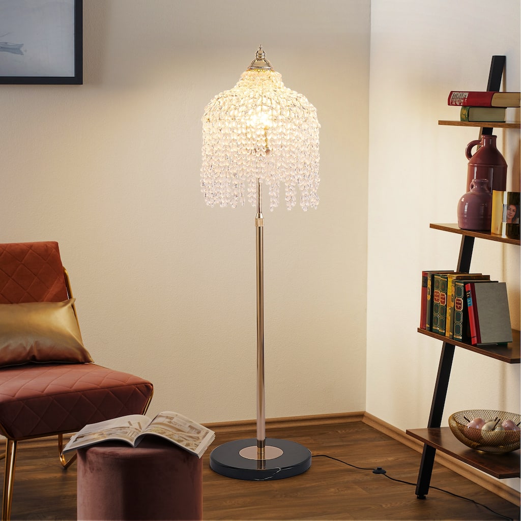 3-Light Crystal Floor Lamp - Grape Beads - Marble Base - Living Bedroom (Bulb Not Included)