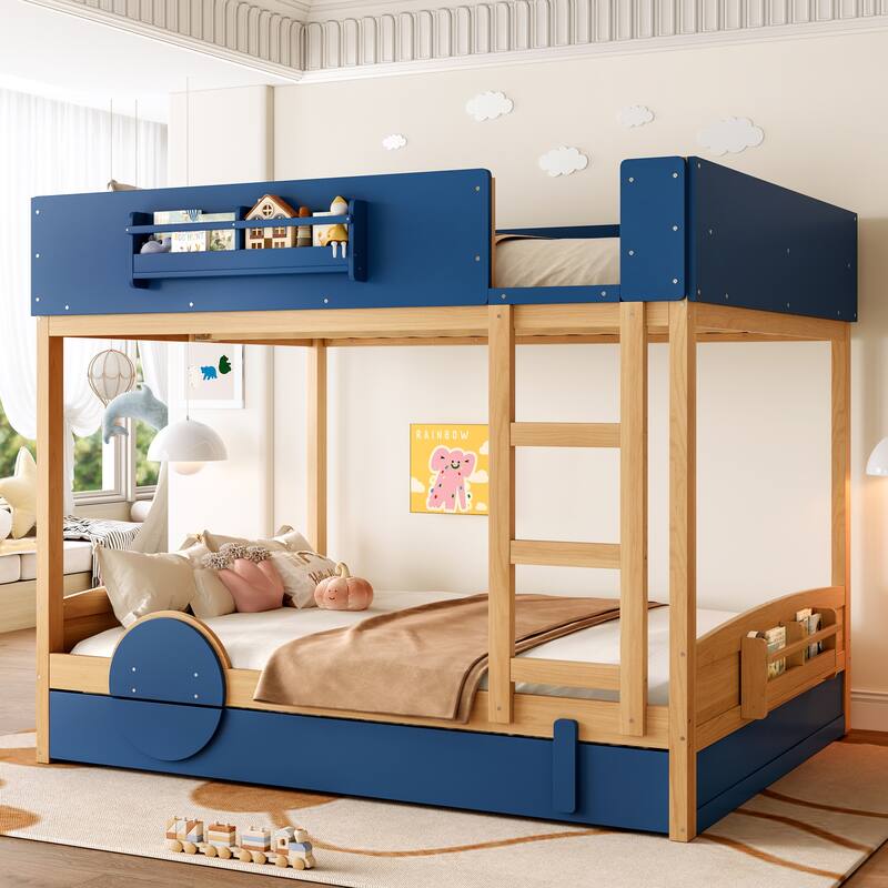 Queen Bunk Bed with Trundle, Wood Bunk Bed Frame with Built-in Bookshelf and High-quality Safety Guardrail