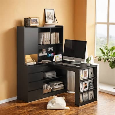 L Shaped Desk,Computer Desk with Drawers,Bookshelf & Hutch,w/LED Light