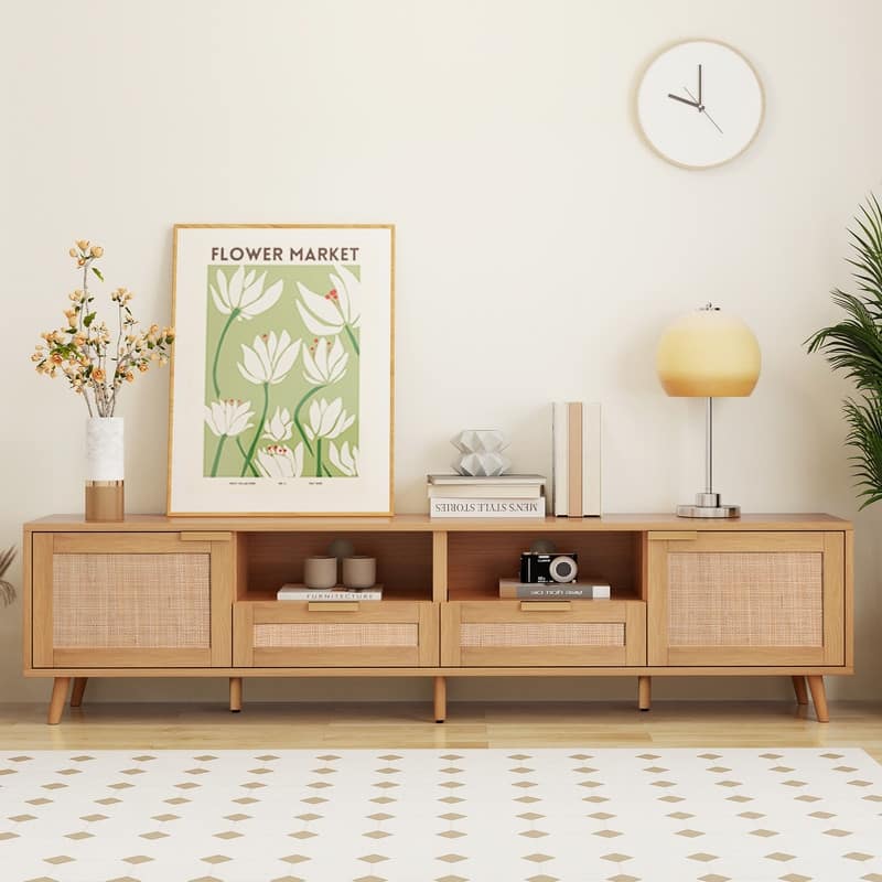 Rattan TV Stand for TVs up to 85'', Modern Rattan TV Console with Solid Wood Legs