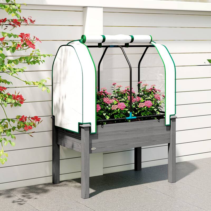 Outsunny Raised Garden Bed with PE Greenhouse Cover Outdoor Elevated Wood Planter Box , 35 x 22 x 47 inch