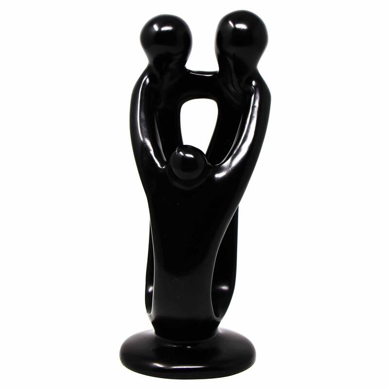 Handmade Soapstone Family Sculpture, Black Finish - 8-inch, 2 Parent, 1 Child