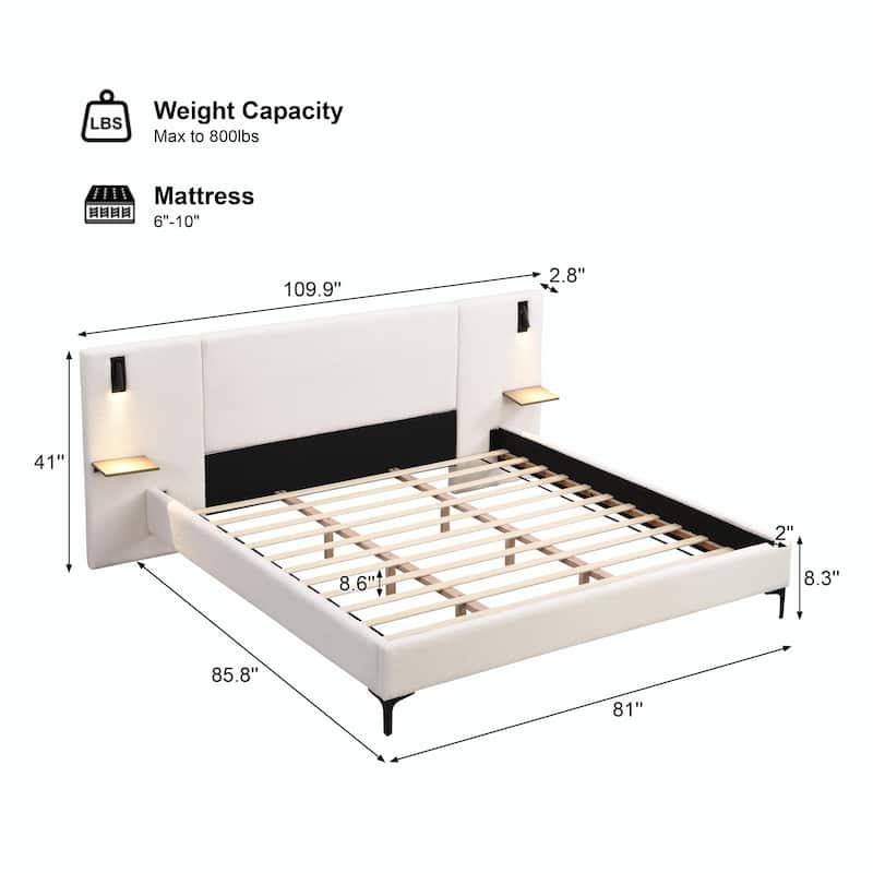 Chic Bouclé Upholstered Bed with Integrated Lighting and Shelves